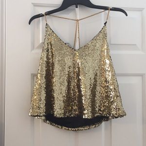 Gold sequins tank with gold chain straps